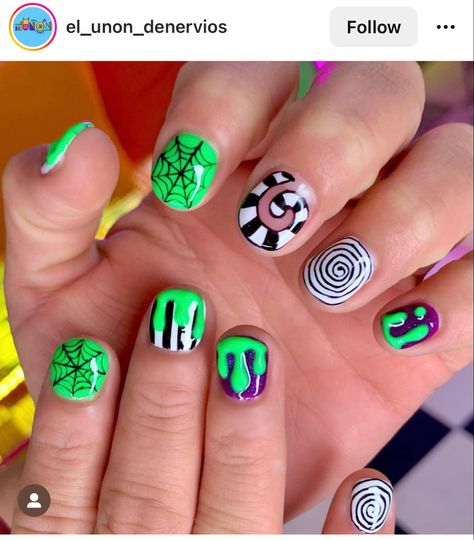 Beetlejuice, Beetlejuice! Beetlejuice Short Nails, Short Beetlejuice Nails, Bettle Juice Nail Ideas, Beetlejuice Nails Short, Beetlejuice Nail Designs, Beetlejuice Nail Art, Beetle Juice Nails, Whimsical Nails, Beetlejuice Nails