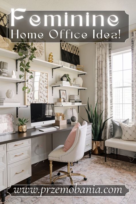 Designing a small feminine home office? 🌿✨ Start with a cozy work from home setup. 🪞 Add chic decor and soft lighting to create a warm atmosphere. 🌸✨ Consider feminine home office classy touches like elegant vintage accents. 🕰️🌿 Use innovative storage solutions to keep everything tidy yet stylish. 🧺 Small spaces can be both functional & beautiful! #smallhomeoffice #cozyhomeoffice #chichomeoffice #feminineoffice #homeofficedesign #vintageofficeaesthetic #feminineofficedecor #homeofficeideas Office And Sewing Room Combo, Feminine Home Office Classy, Office For Her, Decorating Your Office At Work, Scandi Boho Interior, Feminine Home Office, Home Office Decor For Women, Work From Home Setup, Feminine Office Decor