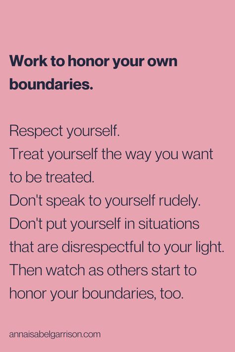 If you're wondering why others aren't respecting your boundaries, take a hard look at your own boundaries. Are you respecting yourself? Or are you speaking down to yourself? Putting yourself in bad situations? Surrounding yourself with people who don't respect your boundaries? Set these expectations with yourself and follow them, and see how it attracts people who honor your boundaries, too. Respect Your Boundaries, Respecting Yourself, Boundaries Quotes, My Future Job, Respect People, Love Challenge, Healing Therapy, Future Jobs, Respect Yourself