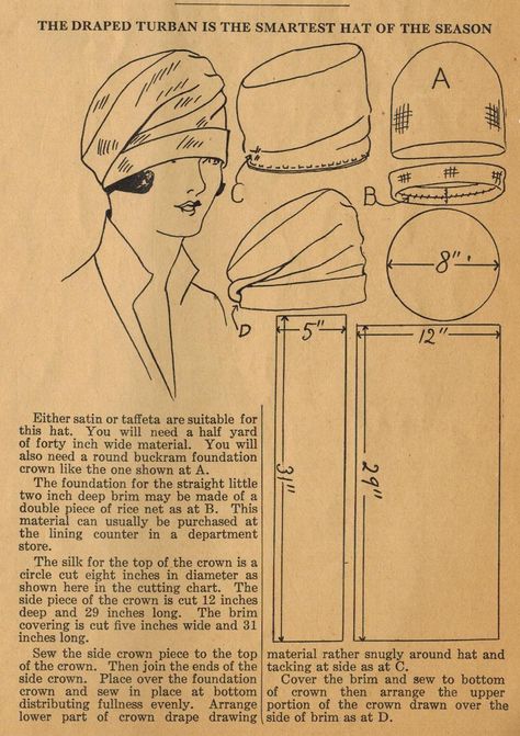 Home Sewing Tips from the 1920s - Sew Yourself a Draped Turban! Fleece Hat Pattern, Cloche Hat Pattern, 1920s Hats, Pola Topi, Sewing Hats, Patron Vintage, Fleece Hats, Hat Patterns Free, Hat Patterns To Sew