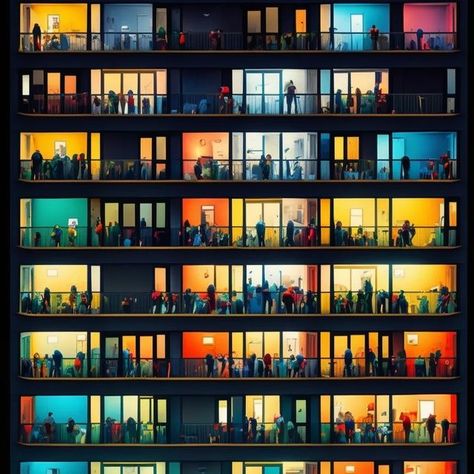 Apartment Building Painting, Apartment Window Aesthetic, Billy Hicks, Apartment Windows, Apartment Window, Sf Apartment, Building Windows, Night Window, Colorful Apartment