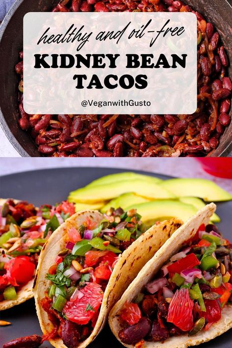 These healthy kidney bean tacos with grapefruit salsa are pure delight! A quick and easy bean taco filling made with canned kidney beans or homemade from the Instant Pot takes 15 minutes to make leaving plenty of time to whip up zesty salsa fresca that gives this fuss-free dinner and unique twist. This healthy, vegan recipe is made with wholesome ingredients and no added oil. Kidney Bean Tacos, Refried Kidney Beans, Kidney Bean, Vegan Kidney Bean Recipes, Vegan Recipes With Kidney Beans, Canned Red Kidney Bean Recipes, Recipes With Kidney Beans, Vegan Tacos Recipes, Bean Tacos