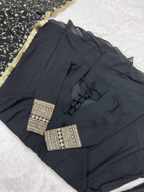 *COLOUR ADDED* *PRESENTING NEW RANI AND BLUE GEORGETTE GOWN DUPPTA FULL SET WITH PENT READY TO WEAR* *GOWN FABRIC*:👗HEAVY PURE SOFT FOX GEORGETTE 7 MTR PLUS FLAIR *COLOUR*: BLACK,RANI AND PRUSSIAN BLUE *SLEEVES FANCY SEQUANCE AND JARI WORK,YOKE NECK POTLI,PADDED ATTACHED* *KURTI INNER*: MICRO COTTON FULL INNER *PENT FABRIC*: MICRO COTTON PENT FREE SIZE FULLY STTICHED *DUPPTA*: 2.2 PURE FOX GEORGETTE EMRBOIDERY SEQUANCE AND JARI WORK BOADER FANCY LACE WORK *LENGTH*: 53 plus inch approx Frocks For Women Party, Frock Suit Design, Simple Long Dress, Floral Prints Fashion, Fashion Work Outfit, Long Frock Designs, Frock For Women, Kurti Designs Latest, Fancy Kurti