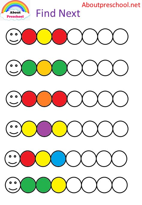 An activity that will contribute to your children’s cognitive development. Find and paint next color. What Comes Next Pattern Worksheet, Patterns In Kindergarten, Math Patterns Activities, Patterns Preschool, Preschool Pattern Worksheets, Preschool Pattern Activities, Worksheet For Preschoolers, Patterns To Draw, Numbers Pattern