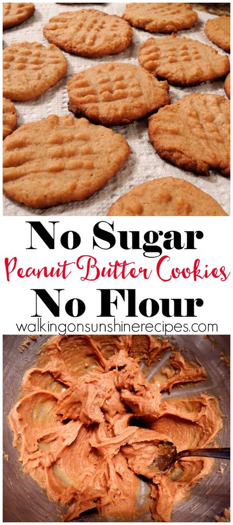 Sugarless and Flourless Peanut Butter Cookies from Walking on Sunshine Recipes. No Sugar Peanut Butter Cookies, Sugar Free Peanut Butter Cookies, Weight Watcher Desserts, Flourless Peanut Butter Cookies, Sugar Free Peanut Butter, Sugar Free Cookies, Walking On Sunshine, Low Carb Sweets, Diet Vegetarian