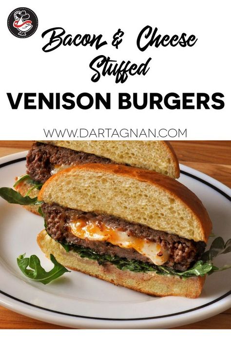 Our ground venison makes an extra tasty “Juicy Lucy,” or cheese stuffed burger. We’ve upped the ante of this easy recipe by adding hickory smoked bacon into the mix. Venison Bacon Burger Recipes, Venison Burger Recipes, Deer Burger Recipes, Stuffed Venison, Bacon Burger Recipes, Hunting Recipes, Moose Recipes, Bacon Burgers, Smoked Vegetables