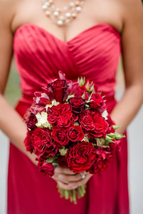 Red Rose Bouquets with Red Dresses for Bridesmaids Bouquet With Red Dress, Prom Flower Bouquet, Wedding Dress With Red, Mustard Yellow Wedding, Color Bouquet, Prom Bouquet, Yellow Wedding Inspiration, Red Rose Dress, Fall Bouquet