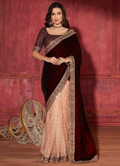 Maroon Indian Outfit, Navy Blue Saree, Designer Sarees Wedding, Sari Blouse Designs, Designer Sarees Online, Casual Saree, Blue Saree, Art Silk Sarees, Saree Trends