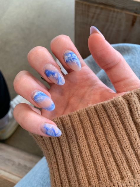 Rain Drop Nails, Acrylic Nails With Blue, Rainy Nails, Rain Nails, Nails With Blue, Gel Polish Designs, Minimalist Nail, Clear Acrylic Nails, Baby Blue Nails