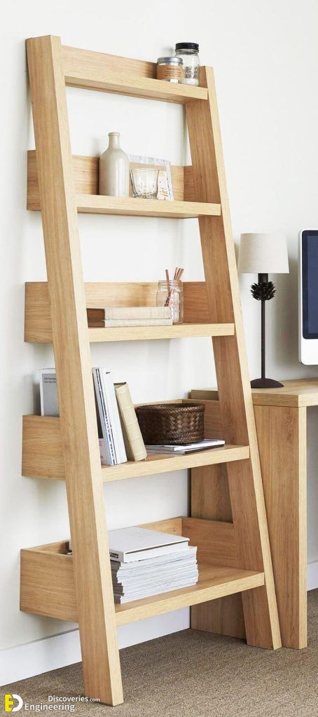 20 DIY Furniture And Woodworking Projects - Engineering Discoveries Leaning Shelf, Future Furniture, Projek Kayu, Leaning Ladder, Wood Projects That Sell, Bookshelf Styling, Easy Wood Projects, Homemade Decor, Bookshelves Diy