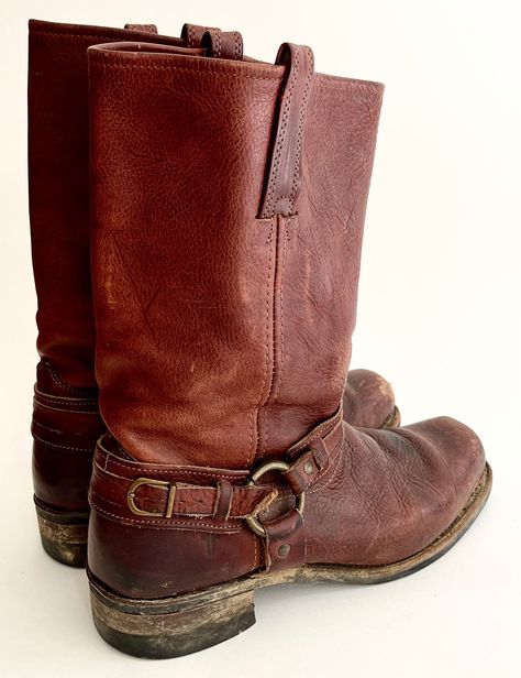 Frye Leather Harness Boots Men's Brown Oiled Leather Cowboy Farm Chore Boots Vintage Distressed Worn Rugged Stacked Heel 12 Harness Boots Men, American Vintage Clothing, Boots Vintage, Harness Boots, Favorite Boots, Leather Harness, Animal Skin, Stacked Heel, Vintage Leather