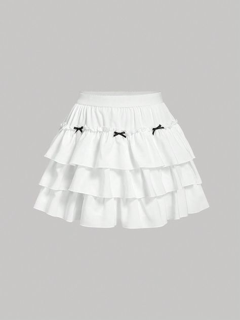 White Casual Collar  Woven Fabric Plain Layered/Tiered Embellished Non-Stretch  Women Plus Clothing Skirt With Bow, Short Skirts Outfits, Black Cake, Cake Skirt, Easy Trendy Outfits, Plus Size Skirts, Modest Fashion Outfits, Black Bow, White Casual