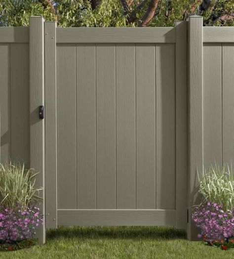 $159 with lockable latch. Vinyl gate for backyard.  Chesterfield Certagrain Gate - Natural Clay Vinyl Gates, Raised Gardens, Backyard Gates, Vinyl Privacy Fence, Modern Gardens, Wooden Gate, Fence Gate Design, Green Fence, Types Of Fences