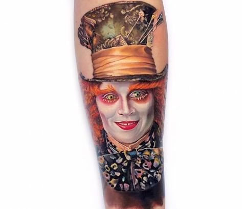 Mad Hatter tattoo by Sergey Hoff Mad Hatter Tattoo Alice In Wonderland, Johnny Depp Mad Hatter Tattoo, Mad Hatter Tattoo Ideas Sketches, Mad Hatter Tattoo Ideas, Bea Tattoo, Mad Hatter Cat Tattoo, Hatter Tattoo, Alice In Wonderland Tattoo Sleeve, Madd Hatter Tattoos