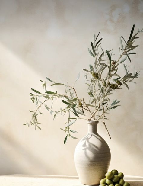 Olive Branch Home Decor, Olive Branch Simple, Beige Soft Aesthetic, Olive Tree Aesthetic, Olives Aesthetic, Olive Aesthetic, Natural Vase, Vase With Branches, Deserts Of The World