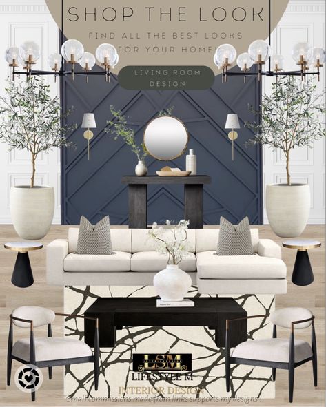 Mood board for a living room design. White Sofa Family Room Ideas, Accent End Tables, Black Rectangle Coffee Table, Neutral Dining Room Paint, Modern Chandelier Black, Dining Room Inspiration Modern, Neutral Dining Room Decor, White Vase Decor, Beige Dining Room