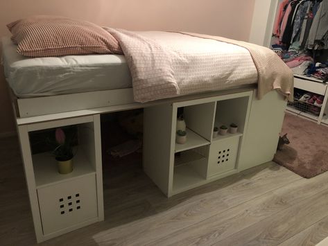 Chill space under bedIkea bedhack diy Ikea Loft Beds For Teens, Loft Beds For Small Rooms Low, Bed With Crawl Space Underneath, Ikea Kallax Bed Hack, Ikea Shelf Bed, Kallax Bed Hack, Shelves Under Bed, Cubicle Bed, Ikea Kallax Bed