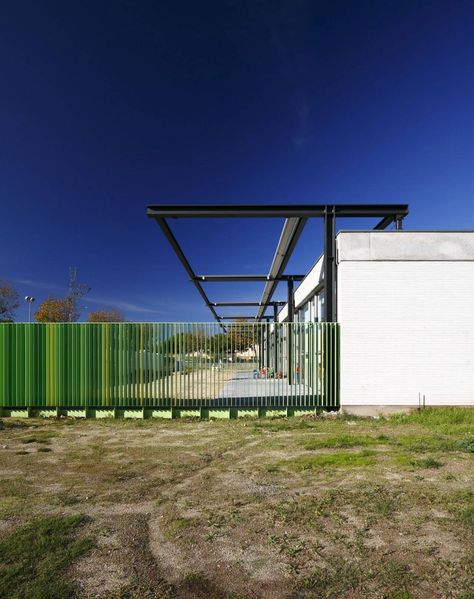 sant pere pescador kindergarden. colourful fence of fins School Fence Design, Colourful Fence, Playground Fence, School Fence, Inspiring Architecture, Fence Wall, Storefront Design, School Interior, Spanish Architecture