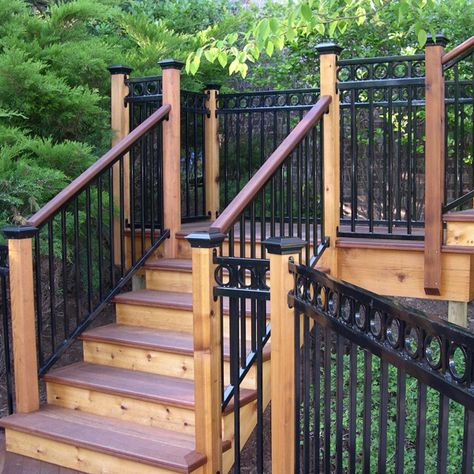 Fortress FE26 Iron Railing system combines classic beauty with unbeatable strength. Plus the system is easy to install and comes in prefabricated panels. Stairs Designs, Exterior Handrail, Glass Railing Deck, Deck Stair Railing, Metal Deck Railing, Outdoor Stair Railing, Deck Railing Design, Iron Railings, Railings Outdoor