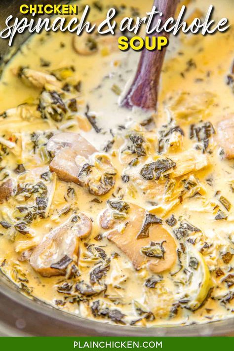 Slow Cooker Low-Carb Chicken Spinach & Artichoke Soup - this soup is seriously DELICIOUS! Everyone RAVES about this easy soup. Super easy to make. Simply place all the ingredients in the crockpot and let it do all the work. Chicken, spinach, artichokes, mushrooms, Italian dressing mix, chicken broth, and cream cheese. Top soup with some cheese and bacon. You would never guess this is low-carb and Keto friendly! #keto #lowcarb #soup #slowcooker #crockpot #chicken #spinach Spinach Artichoke Soup Crockpot, Chicken And Artichoke Soup, Italian Dressing Mix Chicken, Spinach Artichoke Soup, Chicken Spinach Artichoke, Plain Chicken Recipe, Low Carb Taco Soup, Keto Soup Recipes, Crockpot Soups