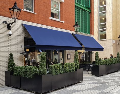 Restaurant Awning Ideas, Restaurant Awning, Outdoor Restaurant Patio, House Awnings, Cafe Exterior, Front Profile, Modern Restaurant Design, Blue Cafe, Outdoor Restaurant Design