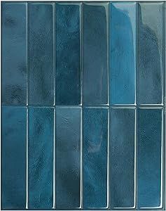 Teal Peel And Stick Tile Backsplash, Blue Peel And Stick Tile Backsplash, Peel And Stick Shower Tile, Renter Upgrades, Blue Peel And Stick Tile, Subway Tile Bathroom Wall, Backsplash Ideas Blue, Blue Backsplash Kitchen, Peel And Stick Tile Backsplash