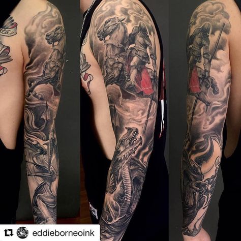 #Repost @eddieborneoink with @repostapp  St. George vs the dragon sleeve on @nikkkely .Thanks buddy and have a great time in LA .If you planning to get more tats check out @freddy_negrete and my homeboy @louie_perez_3_ssc down at the Shamrock Social Club .#tattodo #borneoink #iwasborneoinked #blackandgreytattoo #blackandgrey #blackworkerssubmission #blackwork #eagleviewtattooproducts #tattoolifemagazine #tattoos #tattoocloud #blackandgreytattoogallery George And The Dragon Tattoo, Dragon Tattoo Sleeve, Geisha Tattoos, Saint Tattoo, Sexiest Tattoos, St George And The Dragon, Chris Garver, Father Daughter Tattoos, Saint George And The Dragon