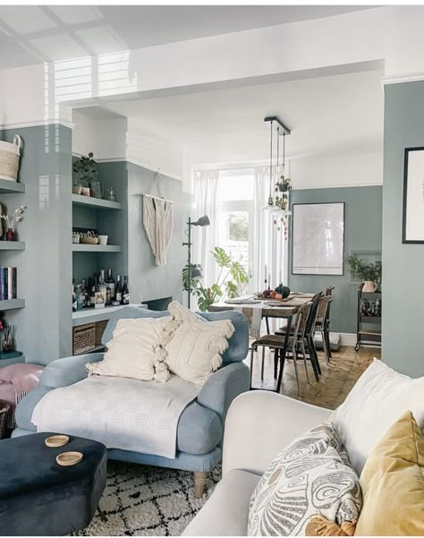 Kitchen Living Room Dining Room Combo, Light Blue Sofa Living Room, Small Victorian Terrace Interior, Modern Hallway Design, Victorian Terrace Interior, Blue Sofa Living, Long Lounge, Fitted Wardrobe, Floor Storage