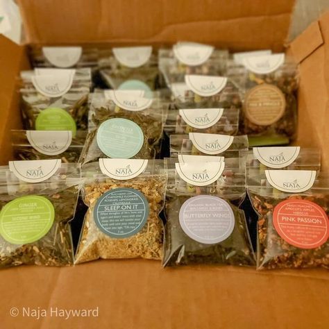 Naja Tea designs loose leaf tea blends for every taste. We started selling our "Sippers" to give customers a chance to experience a tea flavor before committing to our full sized canisters. We now sell them in flights of 4 and our customers LOVE them. Our labels are a big part of our brand, creating an inviting and colorful experience with our teas. Selling Herbal Teas, Tea Business Packaging, Loose Tea Packaging Ideas, Loose Leaf Tea Packaging Ideas, Tea Label Design Ideas, Herbal Tea Branding, Tea Business Ideas, Loose Tea Packaging, Tea Packaging Ideas