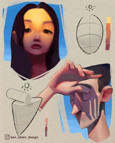 Stylized Face Drawing, How To Draw Light, Lighting Drawing Reference, Digital Art Lighting, Stylised Face, Ben Eblen, Light Theory, Face Shading, Light Reference