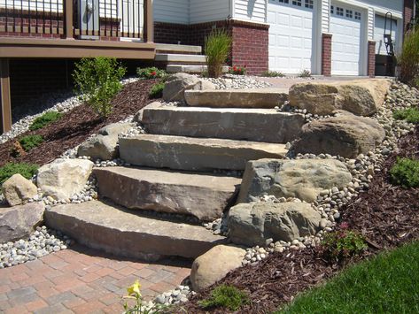 Limestone steps with boulders Limestone Steps, Boulder Steps, Elevation Ideas, Mailbox Landscaping, Porch Stairs, Pergola Pictures, Deck Decor, Landscaping With Boulders, Stone Steps