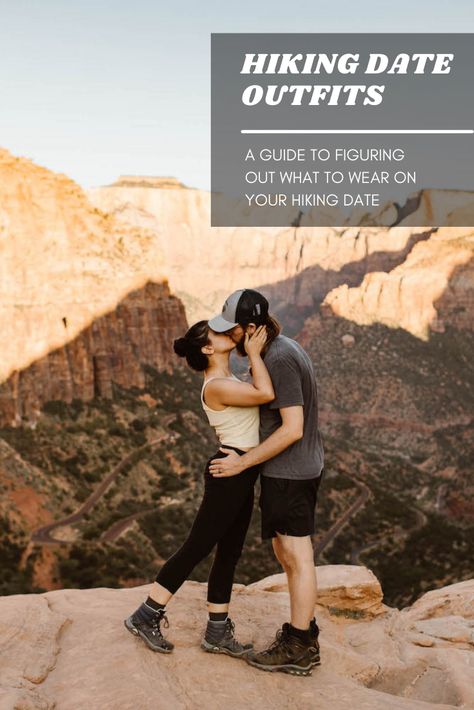 Couple wearing a hiking date outfit that works well during hotter summer months Couples Hiking Outfit, Hiking Proposal Outfit, Outdoor Date Outfit, Hiking Date Outfit Summer, Hiking Date Outfit, Hiking Date, Hiking Engagement Photos, Date Outfit Ideas, A Short Hike