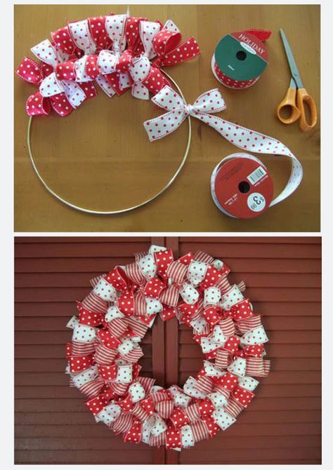 so cute & easy! Ribbon Wreath craft  make mini ones for ornaments Wreath With Ribbon, Ribbon Wreath Diy, Ribbon Diy, Wreaths Ideas, Christmas Wreaths For Front Door, Wreath Diy, Ribbon Wreath, Wreath Bow, Noel Christmas