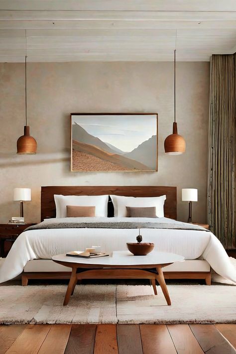 Earthy Tranquility • Gentle light washes over the serene bedroom, accented by hanging wooden pendants • The landscape painting above the bed whispers tales of distant, rolling hills • A plush, white bedspread invites restful slumbers, complemented by the simplicity of clean, crisp linens • A mid-century modern coffee table centers the room, a perfect nook for morning reflections • Rich, polished wood floors ground the space in nature's warmth • This bedroom is a harmonious retreat Walnut And White Bedroom, Thuma Bedroom, Walnut Wood Bedroom, Earthy Modern Bedroom, Arabic Interior Design, White Bedspread, Neutral Bedroom Design, Walnut Bedroom, Warm Aesthetic