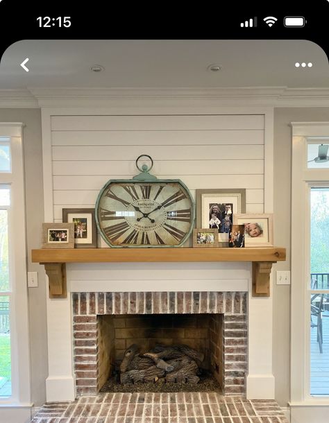 Knotty Pine Fireplace Mantle, Brick Fireplace White Mantle, Mortar Washed Brick Fireplace, Small Brick Fireplace, Brick Mortar Wash, Mortar Wash, Faux Fireplaces, Rustic Farmhouse Fireplace, Farmhouse Fireplace Decor