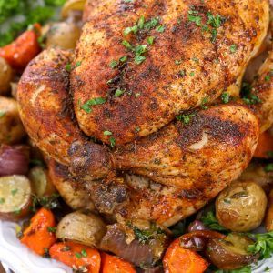 Roast Chicken and Vegetables - Print Whole Chicken In Oven, Whole Chicken Recipes Oven, Baked Whole Chicken Recipes, Roast Half Chicken, Chicken In Oven, Roasted Vegetables With Chicken, Whole Baked Chicken, Baked Chicken Recipes Oven, Makanan Cepat Saji