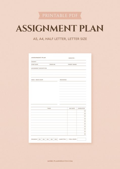 Assignment Planner Template, Assignment Template, Assignment Planner, Homework Planner, Study Planner Printable, Planner Inserts Printable, Academic Planner, Planner Inserts, Study Planner