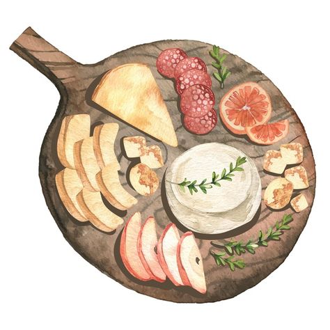 Cheese Platter Illustration, Charcuterie Illustration, Watercolor Cheese, Cheese Drawing, Board Illustration, Charcuterie Board Meats, Paint Recipe, Watercolour Ideas, Sticker Inspo