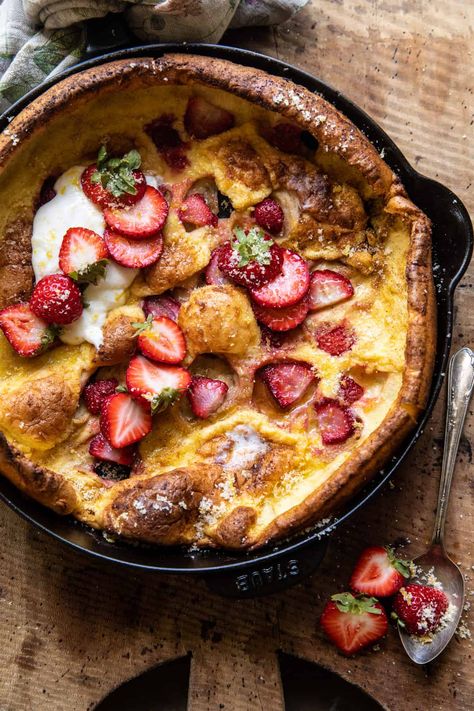 Strawberry Dutch Baby, Ricotta French Toast, Ricotta Cream, Half Baked Harvest Recipes, Baked Pancakes, Summer Breakfast, Cheese Burger, Harvest Recipes, Half Baked