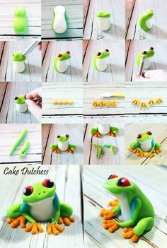 Fondant Cake Toppers #3: Tree Frog - CakesDecor Polymer Clay Kunst, Frog Cake, Fondant Animals, Fondant Tutorial, Tanah Liat, Polymer Clay Animals, Fondant Figures, Clay Animals, Fimo Clay