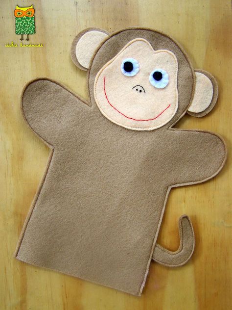 Handpop aap, vilt Animal Hand Puppets, Felt Puppets, Glove Puppets, Puppets For Kids, Puppets Diy, Felt Finger Puppets, Monkey Pattern, Sock Puppets, Puppet Patterns