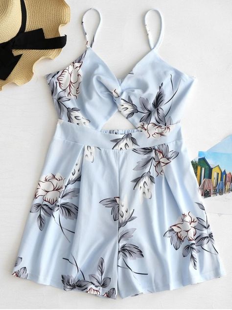 Knotted Twist Floral Romper - LIGHT BLUE M Summer Party Outfit Night, Spring Party Outfit, Trendy Party Outfits, Outfit Curvy, Summer Night Outfit, Floral Dress Outfits, Party Outfits Night, Summer Party Outfit, Cami Romper