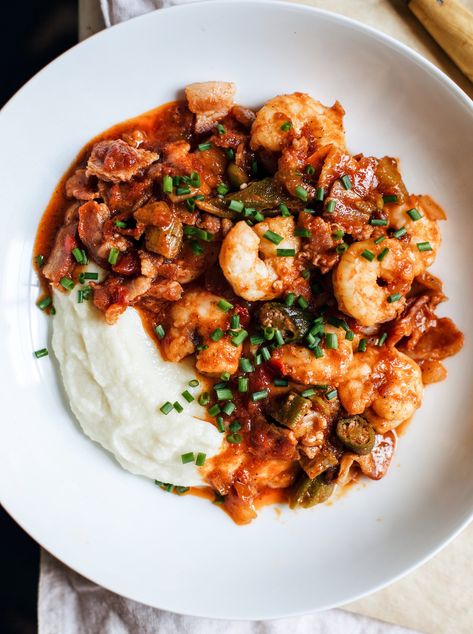 Shrimp Stewed with Tomato, Okra & Bacon Creole Shrimp, Shrimp Stew, Okra Stew, Okra And Tomatoes, Seafood Plates, Gold Food, Shrimp Creole, Okra Recipes, Cajun Food