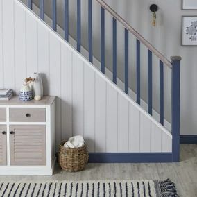 All DIY and Decorating | Dunelm Wallpaper On Stairs, Painted Stair Railings, Coastal Boho Decor, Wallpaper Stairs, White Washed Furniture, Panel Wallpaper, House Staircase, White Panel, Coastal Boho