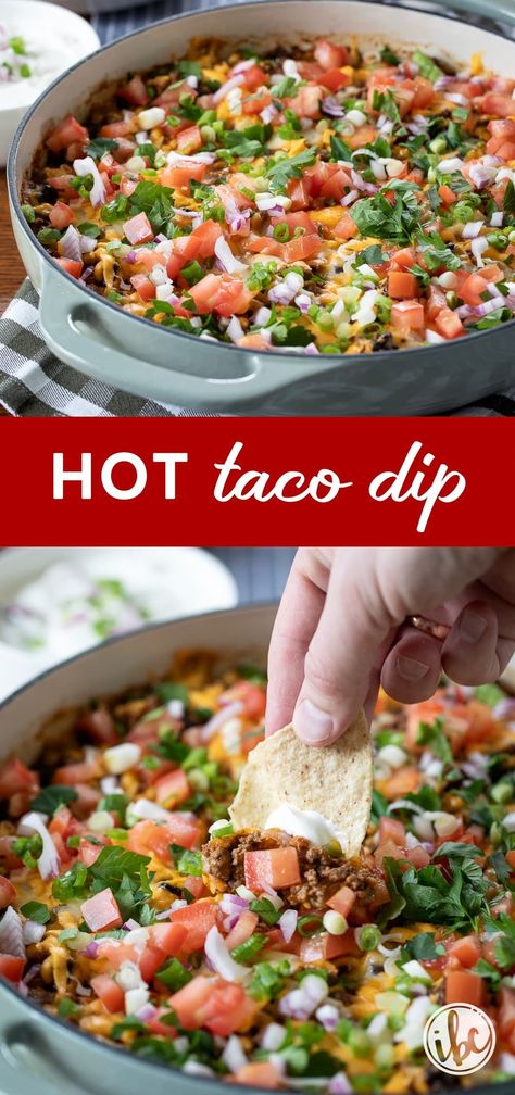 Elevate your appetizer game with this baked Hot Taco Dip, a flavorful twist on the classic taco dip. With ingredients like lean ground beef, seasoned black beans, tomatoes, onions, and a generous topping of cheese, it's a must-try for your next gathering. Quick to prepare and even quicker to disappear, it's sure to be a hit! Hot Taco Dip Recipes, Seven Layer Taco Dip Refried Beans, Mexican Cheese Dip With Ground Beef, Ground Beef Taco Dip Recipe, Crockpot Taco Dip Ground Beef, Baked Taco Dip With Ground Beef, Easy Taco Dip With Ground Beef, Taco Dip With Beans, Hot Taco Dip With Ground Beef