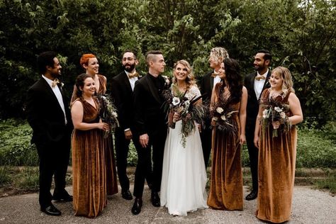 copper-bridesmaids-in-velvet #velvet #bridesmaid #bridesmaiddress #fall #wedding #dress Fall Velvet Wedding, Velvet Tie Groomsmen, Black Suit Copper Tie, Black Wedding Dress And Bridesmaids, Black Velvet Bridesmaid Dress, Copper Velvet Bridesmaid Dresses, Dark Floral Bridesmaid Dresses, Bridesmaid Dresses With Black Suits, Black Boho Bridesmaid Dresses