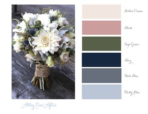 Alley Ever After - Color Theme: Slate Blue, Navy, Sage Green, Blush, Butter Cream. Suits Light Gray & Dark Sage Green Navy Blue Blush Pink Wedding Palette, Navy Blue And Blush Color Palette, Dusty Rose And Slate Blue Wedding Color Schemes, Slate Blue And Sage Green Bedroom, Dark Blue Sage Green Wedding, Navy Green Blush Wedding, Blue Green Blush Color Palette, Navy Pink Green Wedding, Blush Sage Blue Wedding