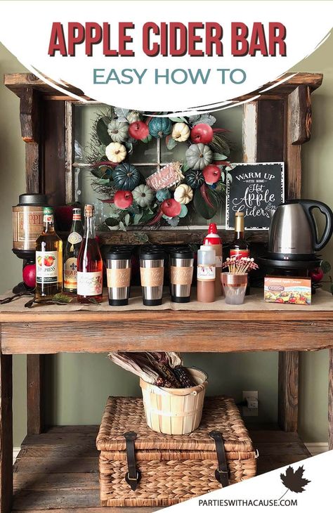 Fall Grand Opening Ideas, Hot Apple Cider Bar Wedding, Hot Cocoa And Cider Bar, Thanksgiving Drink Station Ideas, Apple Tasting Party, How To Serve Hot Apple Cider At A Party, Hot Apple Cider Bar Ideas Fall, Hot Apple Cider Serving Ideas, Hot Cider Bar Wedding