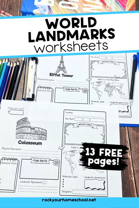 Easily make world geography fun with this FREE set of famous landmarks printable worksheets! These engaging resources make learning about different cultures and places exciting and accessible. Includes 13 pages (plus tips and ideas for using). #worldlandmarks #geography #freeprintables How To Teach Geography, World Geography Lessons, Canadian Geography, Homeschool Geography Curriculum, Geography Printables, Geography Classroom, Geography Trivia, Geography Games, Geography Worksheets