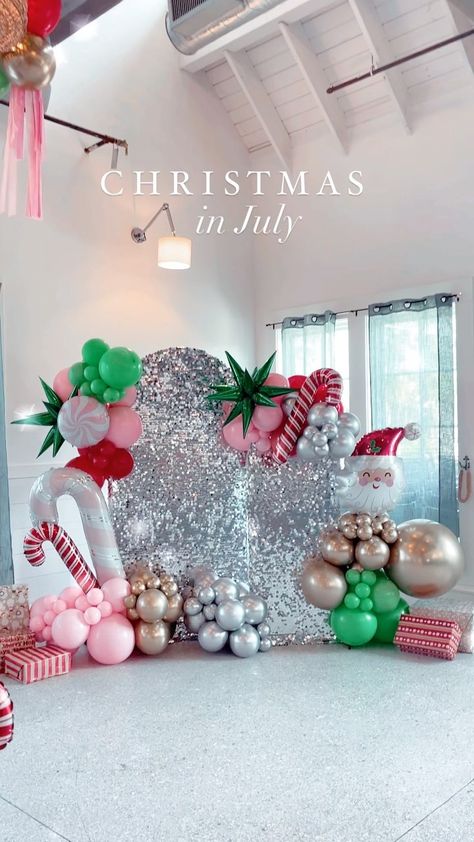 Christmas in July. #christmasballoons #balloontree #balloonbackdrop #santabackdrop #reel #balloonreels #balloonstylist | Instagram Balloon Christmas Garland, Class Christmas Party Decorations, Merry Bright Christmas Decorating Ideas, Christmas Birthday Backdrop, Balloon Tree Christmas, Christmas Balloon Photo Backdrop, Christmas Arch Backdrop, Christmas Party Balloons, Photos With Santa Backdrop